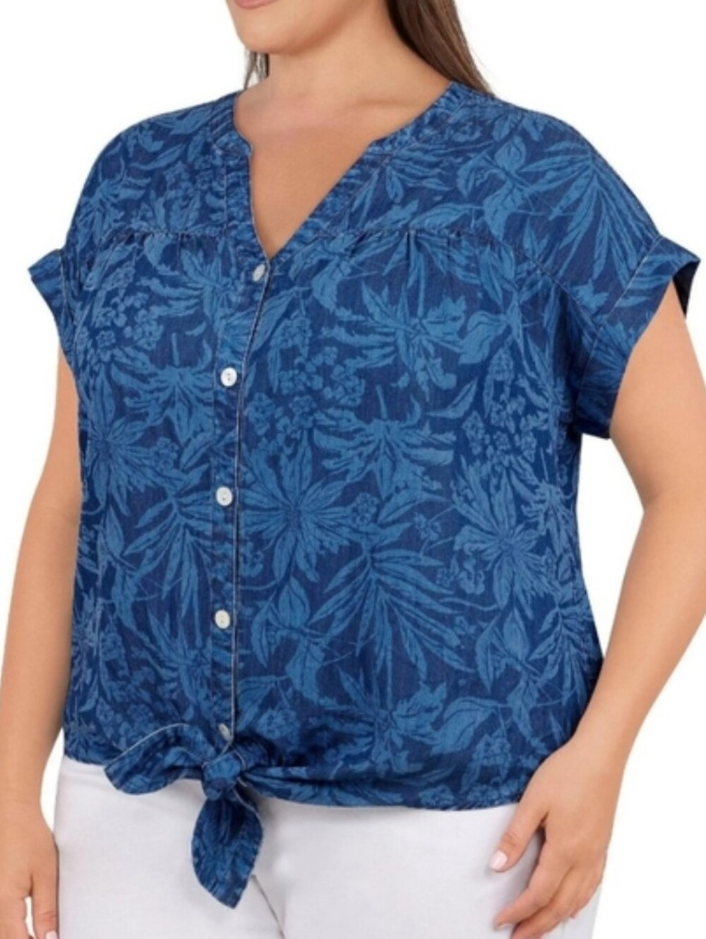Ruby Rd. Blue Tropical Tie-Front Blouse Size Large